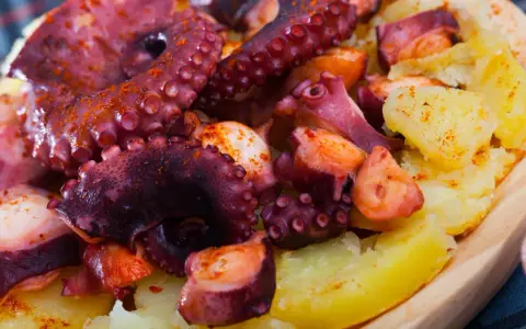 Pulpo cocido con patatas y pimentón, un plato gallego delicioso.