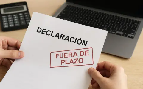 Manos sostienen un documento de "DECLARACIÓN" con un sello rojo que dice "FUERA DE PLAZO". Detrás, una calculadora y un portátil. Pregúntate: ¿qué pasa si no hago la declaración de la renta?