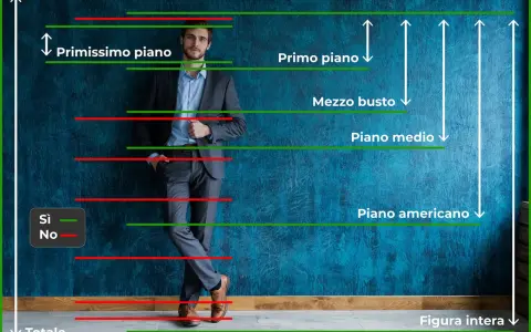 Uomo in abito elegante, con linee che indicano diverse inquadrature fotografiche: primissimo piano, primo piano, mezzo busto, piano medio, piano americano e figura intera.
