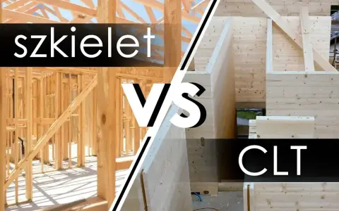 Porównanie budowy domu drewnianego: szkielet vs. CLT. Widok na konstrukcję szkieletową i ściany z paneli CLT.