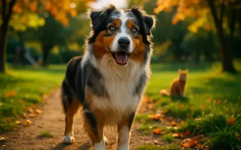 Un magnifique berger australien aux yeux bleus, souriant dans un parc d'automne. Un chat roux est visible en arrière-plan.