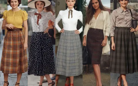 Pięć kobiet prezentuje stylizacje inspirowane modą lat 50.: spódnice w kratę i groszki, bluzki z kokardami i kapelusz.