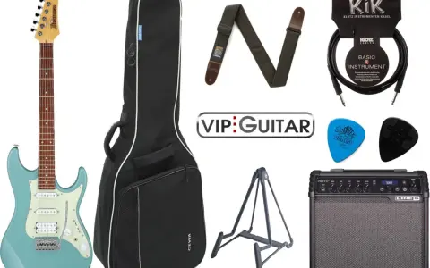 E-Gitarre, Tasche, Gurt, Kabel, Plektren, Ständer und Verstärker.