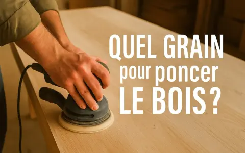 Main ponceuse orbitale sur une table en bois. La question "Quel grain pour poncer le bois ?" s'affiche en blanc.