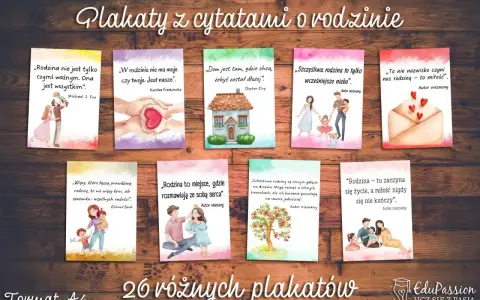 Kolaż plakatów z cytatami o rodzinie, przedstawiający ilustracje rodzin i symboliczne obrazy.