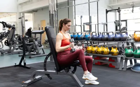 Kvinna utför axelpress med hantlar på en träningsbänk i ett gym.
