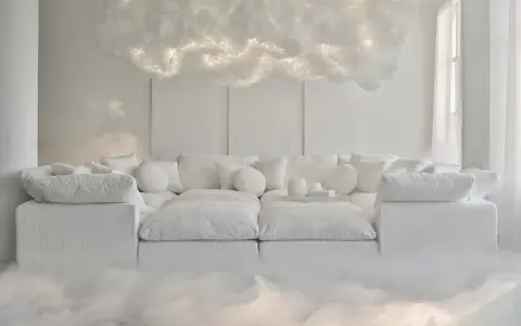 Sofá blanco y mullido con cojines, bajo una nube luminosa que evoca un **cloud dancer color** etéreo.