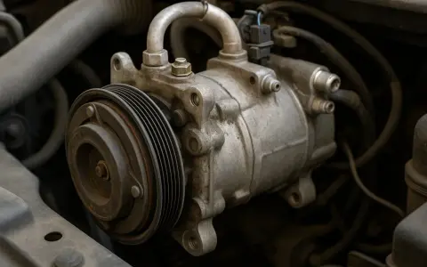 Detailaufnahme eines Auto-Klimakompressors. Die Klimaanlage im Auto funktioniert nicht, was auf ein Problem mit diesem Teil hindeuten könnte.