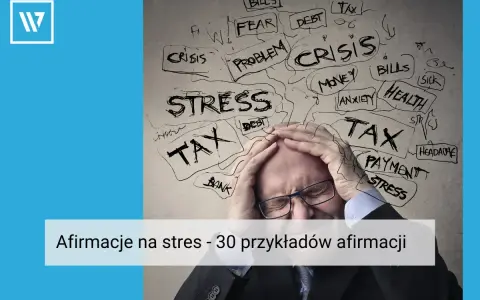 Mężczyzna z rękami na głowie, otoczony słowami związanymi ze stresem: "STRESS", "TAX", "CRISIS".