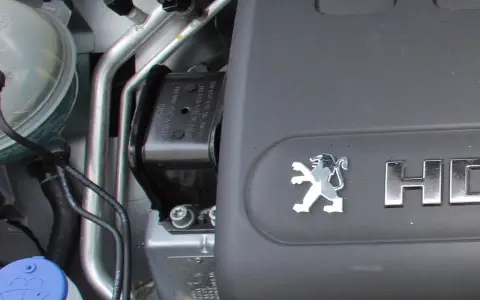 Elementy silnika, w tym poduszka silnika, gotowe do wymiany. Widoczny symbol Peugeot.