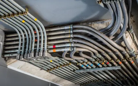 Plątanina metalowych i plastikowych rur, czyli peszli, prowadzących instalację elektryczną pod sufitem.