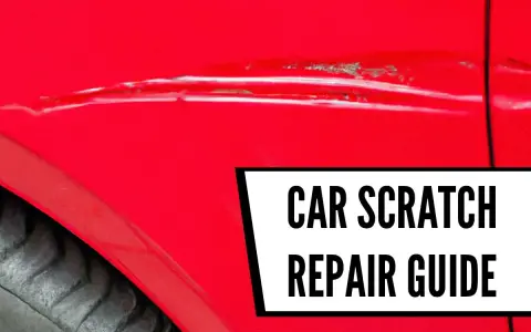 A deep scratch mars the bright red paint of a car door. Text overlay reads "CAR SCRATCH REPAIR GUIDE.
