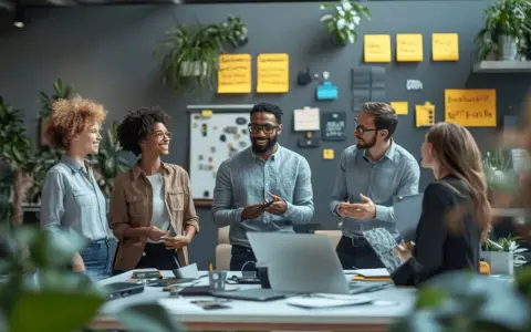 Cinq collègues discutent dans un bureau moderne, illustrant une **société** dynamique et collaborative.