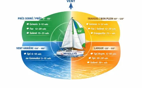 Schéma expliquant les voiles à utiliser selon le vent : spi, génois, foc, trinquette, gennaker. Le voilier est au centre.