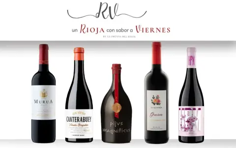 Cinco botellas de vino tinto, incluyendo Murua, Canterabuey y Graciano, que representan los mejores vinos de la Rioja Alavesa.