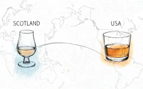 Szkocka whisky w kieliszku i amerykańska w szklance na tle mapy świata. Różne rodzaje whisky, różne kontynenty.