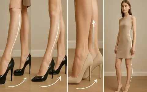 Eleganckie obcasy podkreślają linię nóg. Modelka w beżowej sukience prezentuje smukłą sylwetkę.