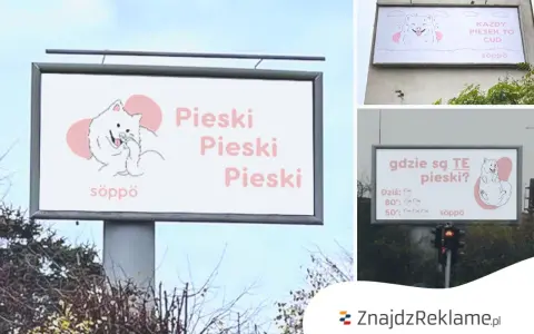Reklama teaserowa z uroczymi pieskami. "Pieski, pieski, pieski" i "Każdy piesek to cud" zachęcają do odkrycia czegoś więcej.
