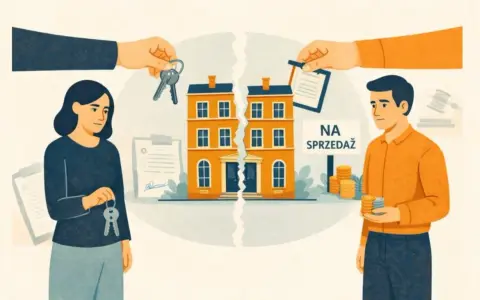 Rozwód a wspólne mieszkanie: dom podzielony na pół, klucze i pieniądze symbolizują trudne decyzje o podziale majątku.