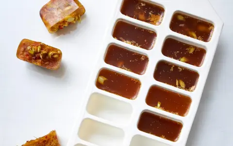 Eiswürfelbehälter mit gefrorener Brühe und Gewürzen. So kann man einfach Suppe einfrieren und später verwenden.