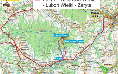 Mapa szlaku turystycznego Zaryte - Dziurawe Turnie - Luboń Wielki. Widoczne szczyty, doliny, rzeki i miejscowości.
