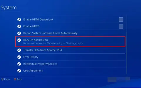 Menu System na PS4. Opcja "Kopia zapasowa i przywracanie" jest podświetlona, co może pomóc w rozwiązaniu problemu, jak zwolnić miejsce na PS4.