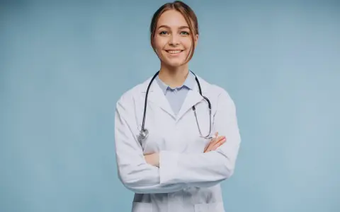 Uśmiechnięta lekarka w białym kitlu ze stetoskopem, gotowa do pomocy. Tak właśnie co robi psycholog – wspiera pacjentów.