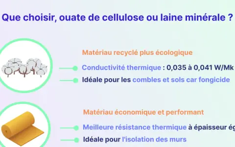 Illustration comparant l'ouate de cellulose (coton) et la laine minérale (rouleau jaune) pour l'isolation. L'ouate est écologique, la laine est économique.