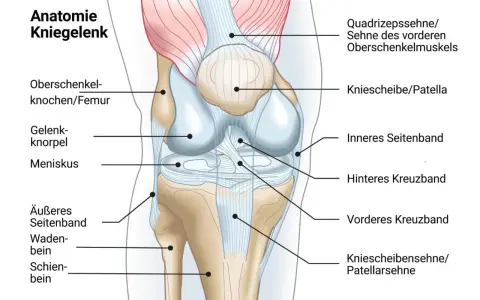 Anatomische Darstellung des Kniegelenks mit Beschriftungen. Das innere Seitenband ist hervorgehoben, was auf mögliche knieschmerzen innenseite hindeuten könnte.
