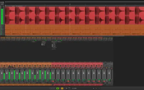 Program do produkcji muzyki z falami dźwiękowymi i suwakami miksera, sugerujący mroczne, **reaper themes**.