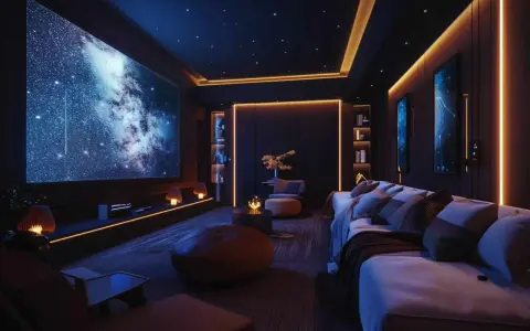 Sala cinema immersiva con schermo gigante, divani comodi e luci soffuse che creano un'atmosfera stellare.