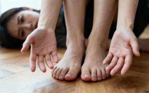 Femme aux mains tendues et pieds nus sur un parquet. Ses ongles semblent fragiles, peut-être un signe de carence en vitamine B12.