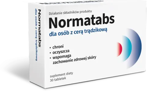 Opakowanie suplementu diety Normatabs dla osób z cerą trądzikową. Wspomaga zachowanie zdrowej skóry.
