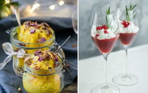 Två härliga desserter, en gul glass med nötter och rosenblad, perfekt för julafton, och två glas med röd kompott, grädde och granris.