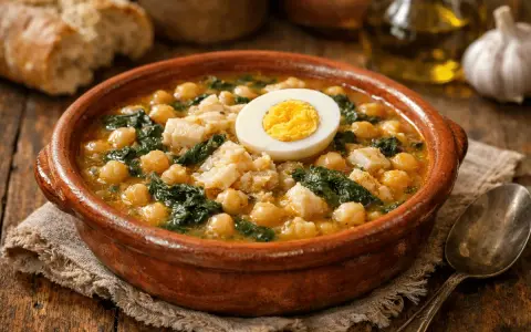 Garbanzos con bacalao, una receta tradicional servida en cazuela de barro, coronada con huevo duro.