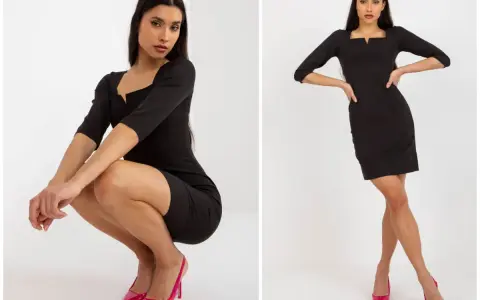 Elegancka czarna sukienka z wycięciem przy dekolcie. Czy na wesele można iść w czarnej sukience? Tak, jeśli dodasz kolorowe dodatki, jak te fuksjowe szpilki!