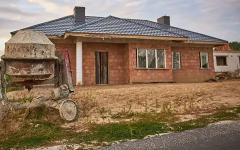 Dom w budowie, beton wylewany z betoniarki. To jeden z etapów budowy domu, który wpływa na kosztorys.