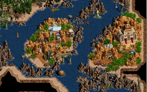 Wyspa z budynkami i jednostkami, przypominająca mapę z Heroes 3. Przystań dla bohaterów, pełna skarbów i tajemnic.