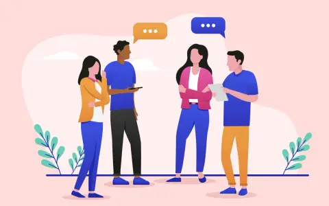 Gruppo di persone impegnate in una vivace comunicazione tra colleghi di lavoro, con fumetti che indicano lo scambio di idee.