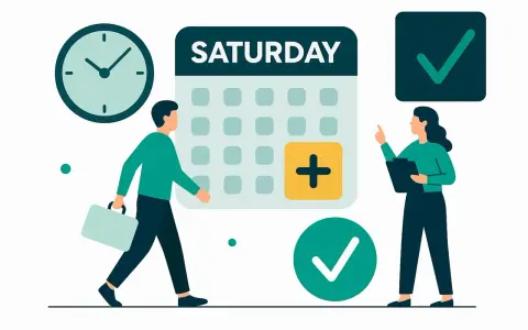 Mężczyzna z teczką idzie do kalendarza z napisem "SATURDAY", gdzie zaznaczono dodatkowy dzień pracy. Nadgodziny w sobotę są faktem.