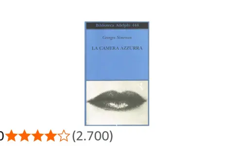 Copertina del libro "La camera azzurra" di Georges Simenon, con labbra sfocate e valutazione 4,0.