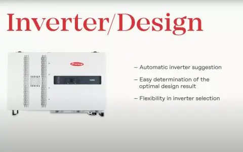 En vit Fronius växelriktare visas, med texten "Inverter/Design" ovanför.