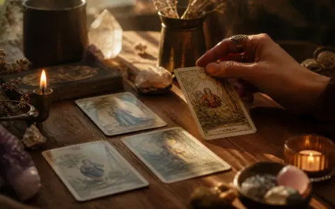 Dłoń trzyma kartę Tarota, a obok leżą inne karty, świeca i kryształy. Poznaj wieża tarot znaczenie.