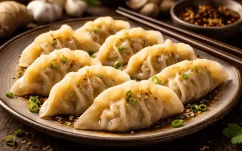 En tallrik med åtta gyllene dumplings, toppade med grön lök och sesamfrön. Perfekt för ett dumplings recept!