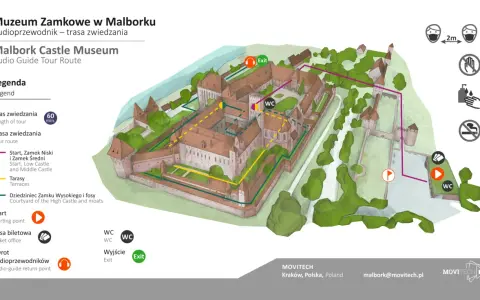 Mapa audiowycieczki po Zamku w Malborku, największym zamku w Polsce. Trasa obejmuje Zamek Niski, Średni, Tarasy i Dziedziniec Zamku Wysokiego.
