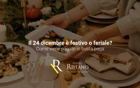 Immagine di una tavola apparecchiata per le feste, con un piatto di verdure e candele. Il testo chiede se il 24 dicembre è festivo o feriale e come viene pagato in busta paga.