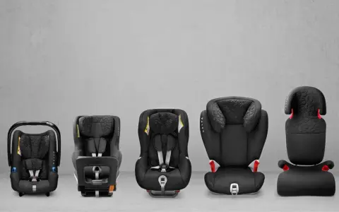 Five black car seats of varying sizes are displayed in a row against a grey concrete background.