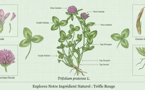 Botanische Darstellung von Rotklee (Trifolium pratense L.) mit Blüten, Blättern, Wurzeln und Samen. Entdecken Sie die rotklee heilwirkung.