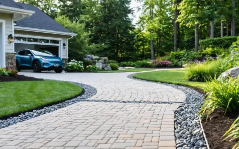 Allée sinueuse en pavés pour le revêtement sol extérieur voiture, bordée de galets et de verdure luxuriante.