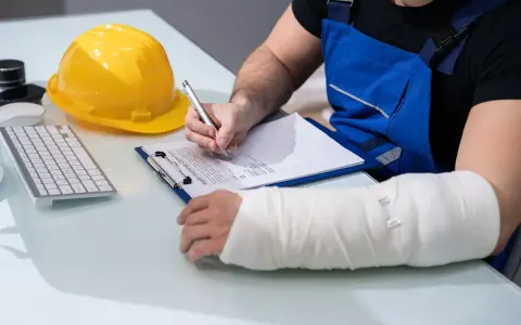 Pracownik z ręką w gipsie wypełnia dokumenty. Może to być formularz do ZUS odszkodowania, gdzie cennik i tabela pomogą w ustaleniu kwoty.
